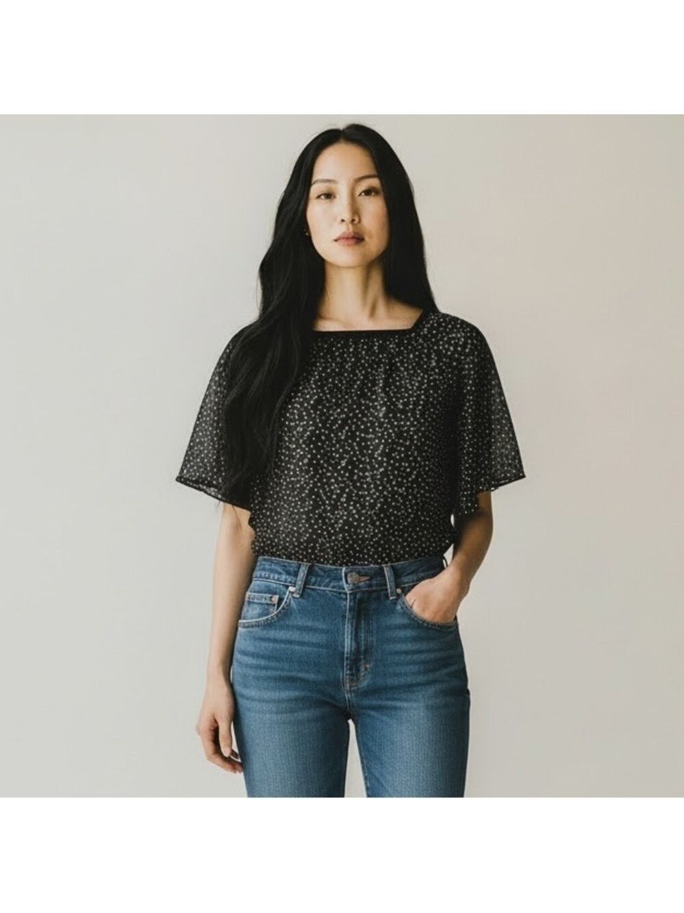 𝅺newberry sheer top butterfly circular sleeves black white polka dots size 12